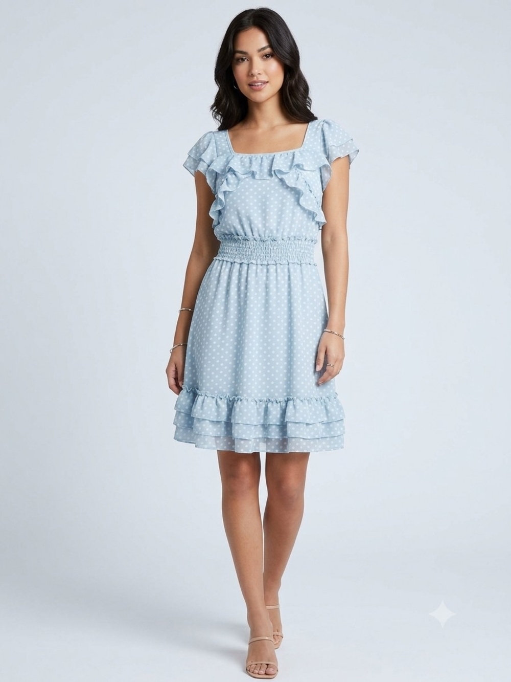 Smocked Waist Light Blue Polka Dot Ruffle Mini Dress